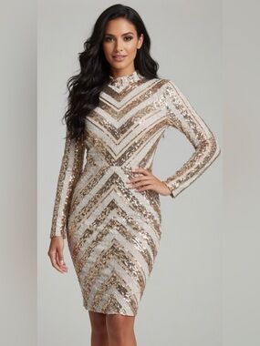 Gold Sequin long sleeve Chevron Bodycon Dress Prom - Women